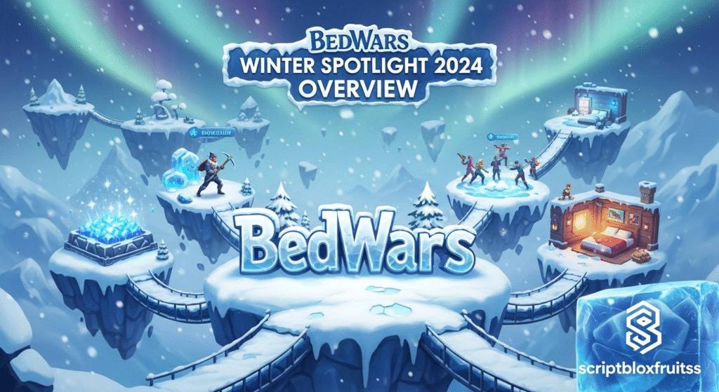 Batalha no mapa de inverno do evento Winter Spotlight 2024 de BedWars.