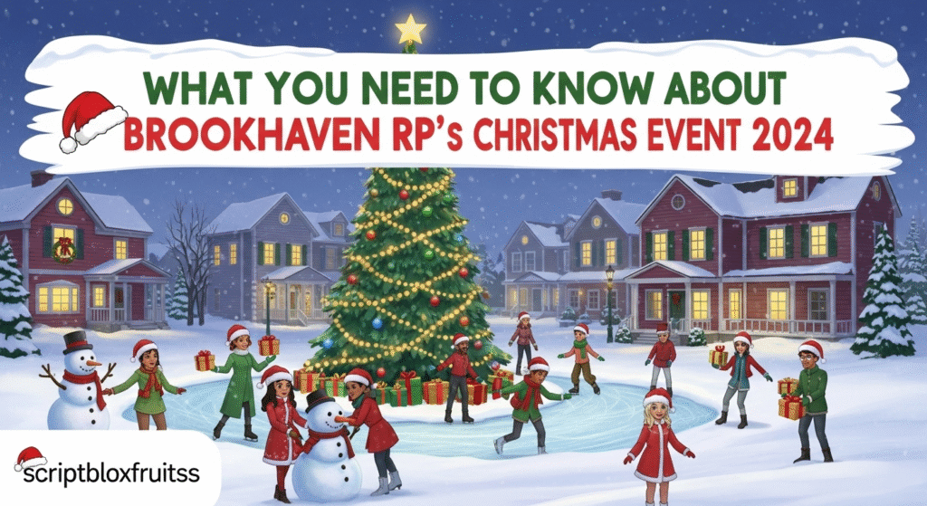 Praça principal de Brookhaven RP decorada para o evento de Natal 2024.