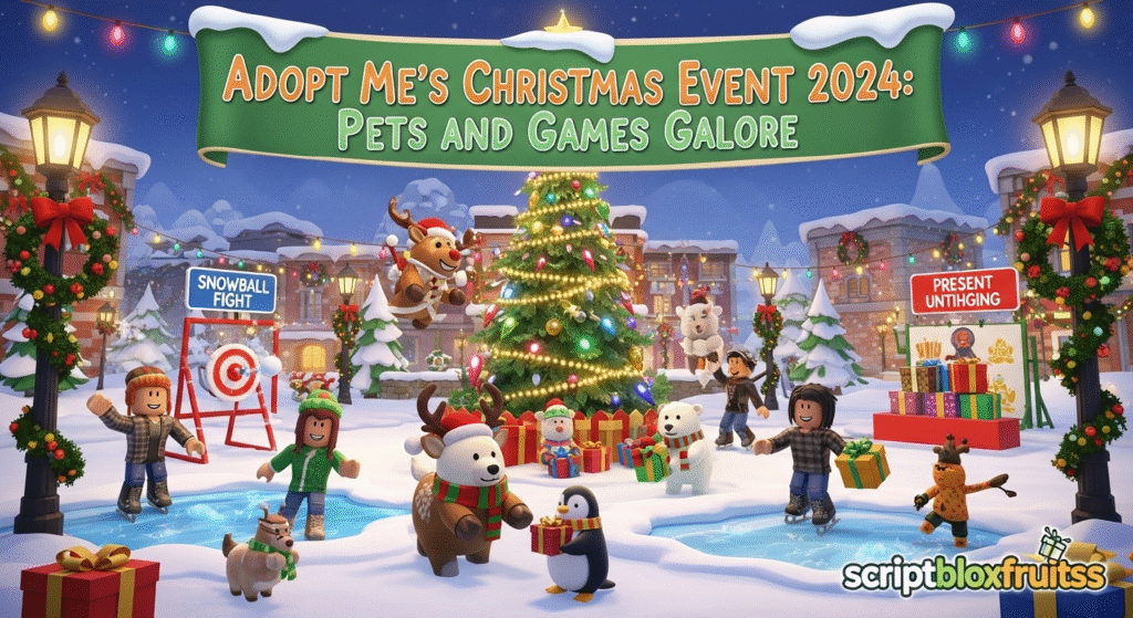 Jogadores a competir num mini-jogo de corrida de trenós no evento de Natal de Adopt Me.