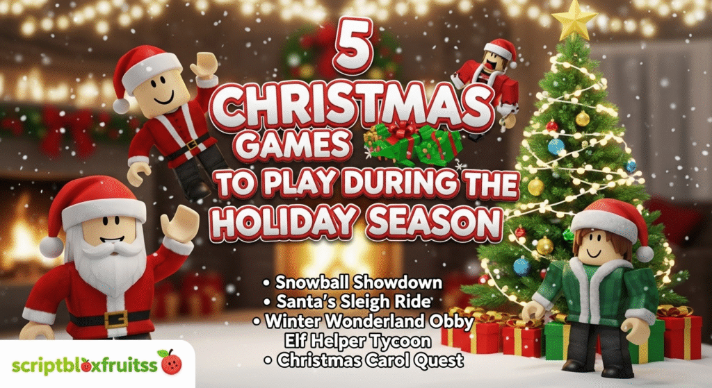 Montagem de jogos de Natal do Roblox, mostrando um obby, um jogo social e um tycoon.