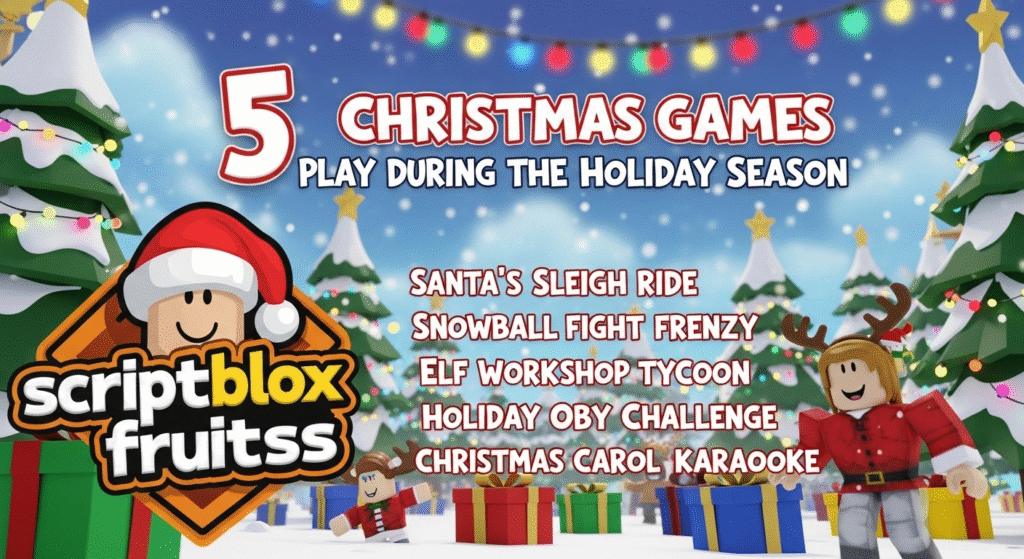 Avatares a socializar e a celebrar o Natal numa vila de inverno no Roblox.