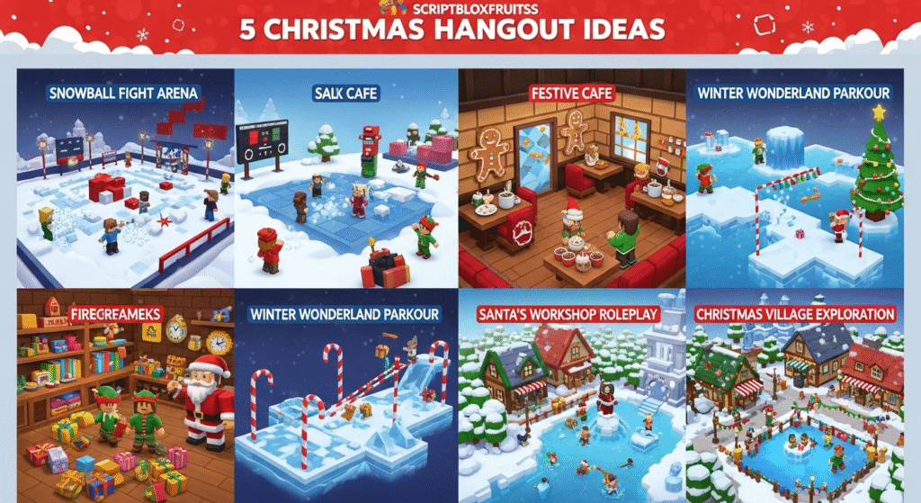  Avatares a patinar no gelo juntos num mapa de Natal do Roblox.