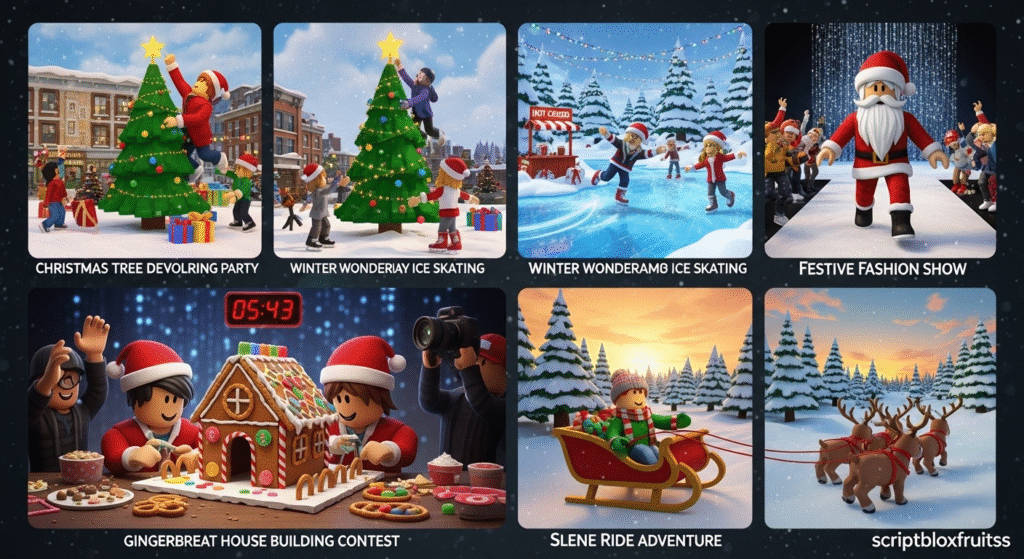 Jogadores a conversar e a decorar uma árvore dentro de uma cabana de Natal no Roblox.