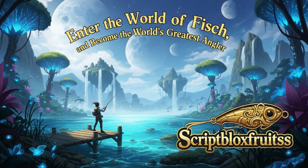 Jogador a pescar tranquilamente ao pôr-do-sol no jogo Fisch do Roblox.
