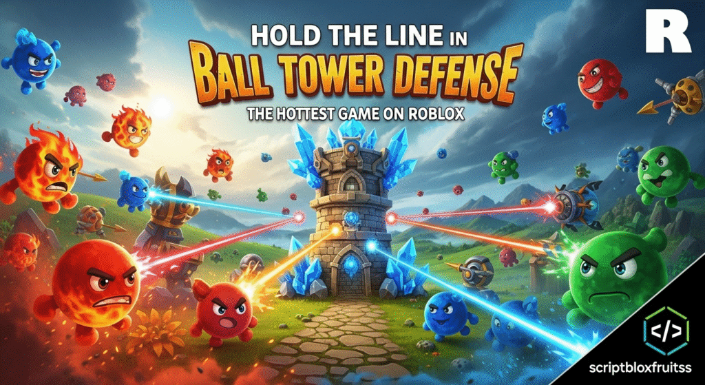 Estratégia de defesa com torres bem posicionadas no jogo Ball Tower Defense do Roblox.