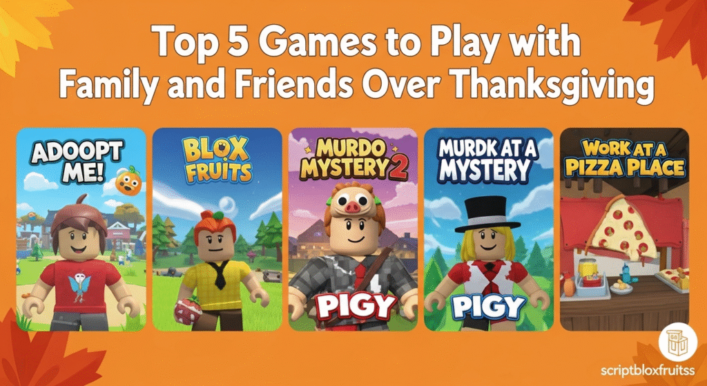 Família de avatares reunida para uma celebração festiva no Roblox.