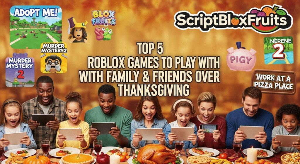 Família a divertir-se num jogo de competição amigável no Roblox.