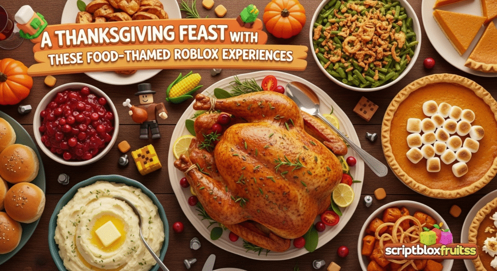 Jogadores a preparar um banquete de festa numa cozinha virtual do Roblox.