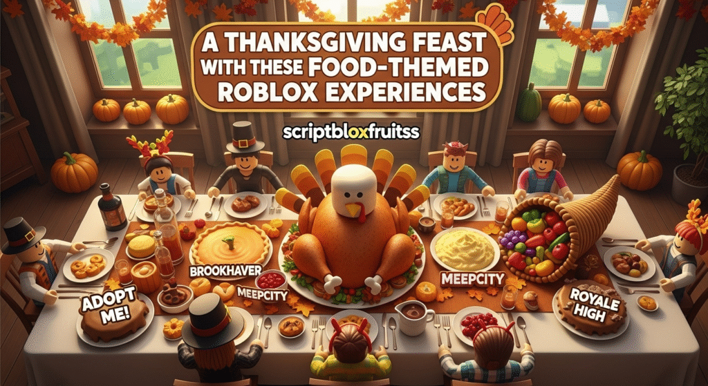 Restaurante virtual movimentado num jogo de culinária do Roblox.