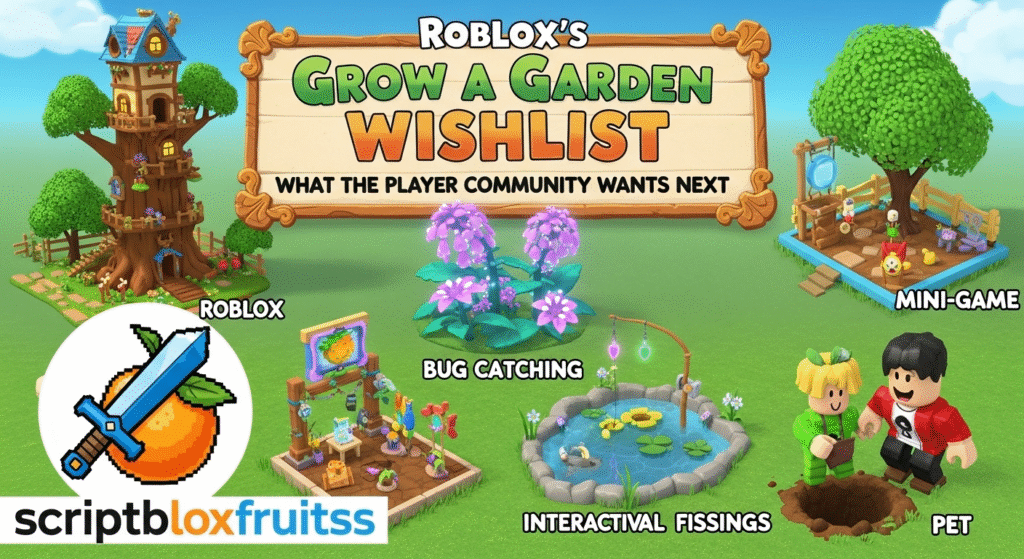 Conceito de futuras atualizações para Grow a Garden, com ideias da comunidade de jogadores.