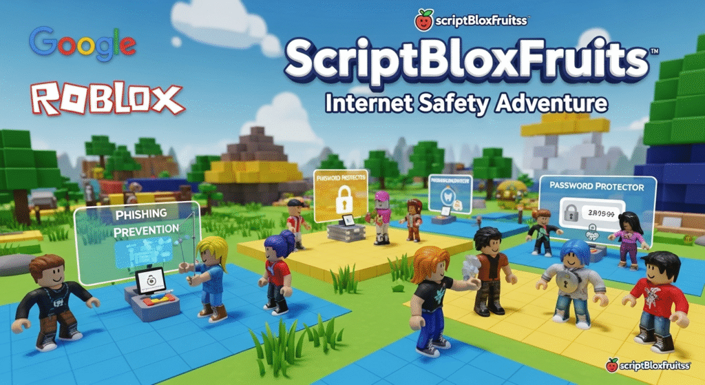 Avatar do Roblox a segurar um escudo com as cores da Google, simbolizando a segurança online.