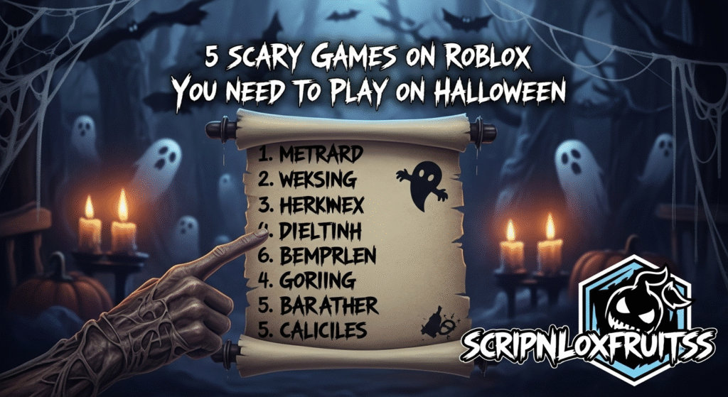 Jogador a investigar uma sala assustadora com uma boneca sinistra num jogo de terror do Roblox.