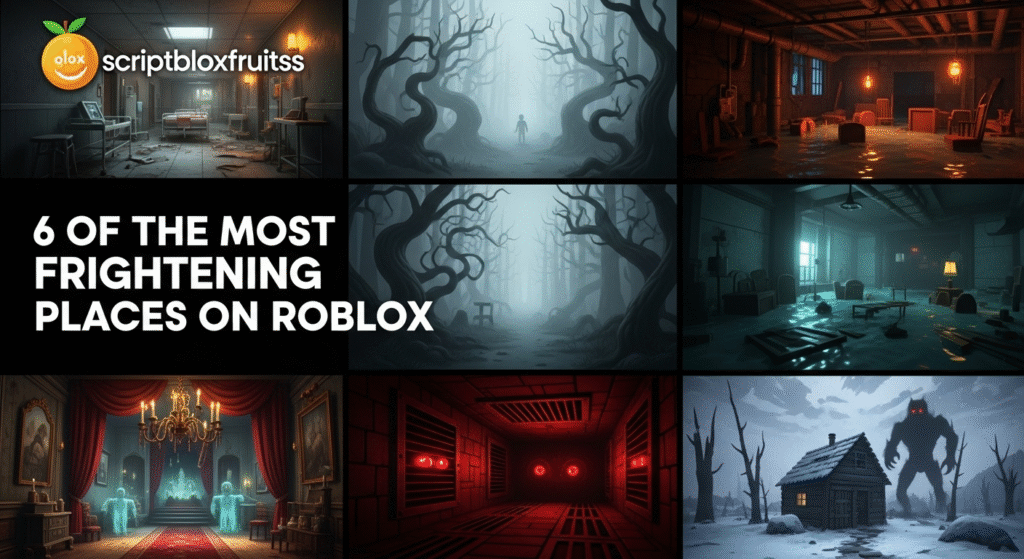 Jogador perdido numa floresta amaldiçoada num jogo de terror do Roblox.