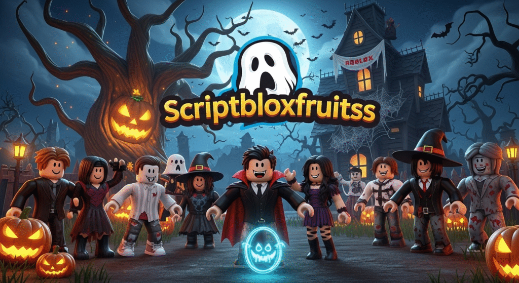 Grupo de amigos a barricar uma porta para sobreviver a um monstro num jogo de Halloween do Roblox.