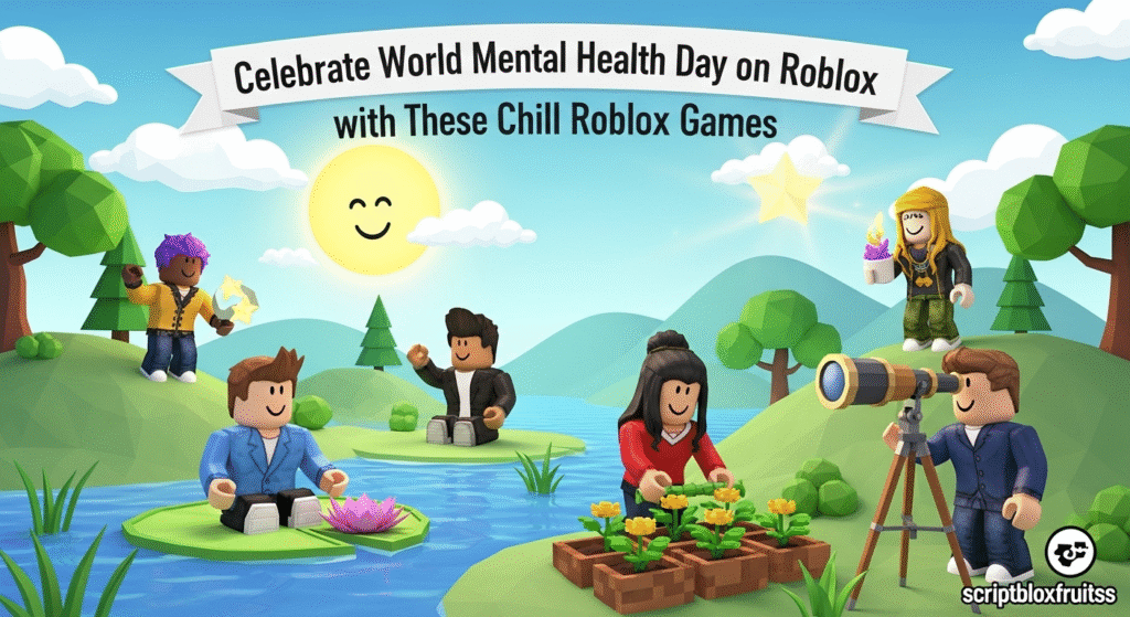 Avatar a meditar num cenário tranquilo e relaxante no Roblox.
