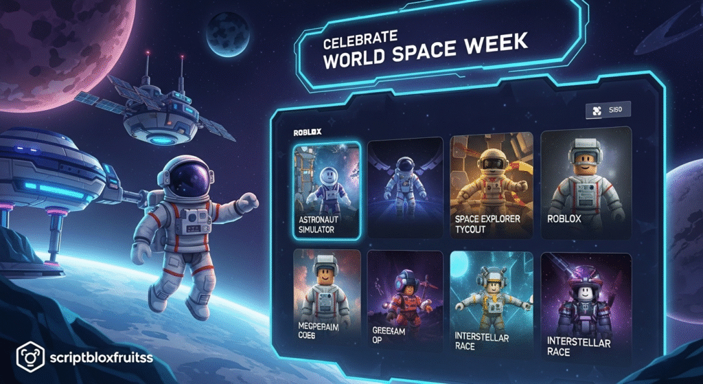 Jogador a explorar um planeta alienígena num jogo de aventura espacial do Roblox.