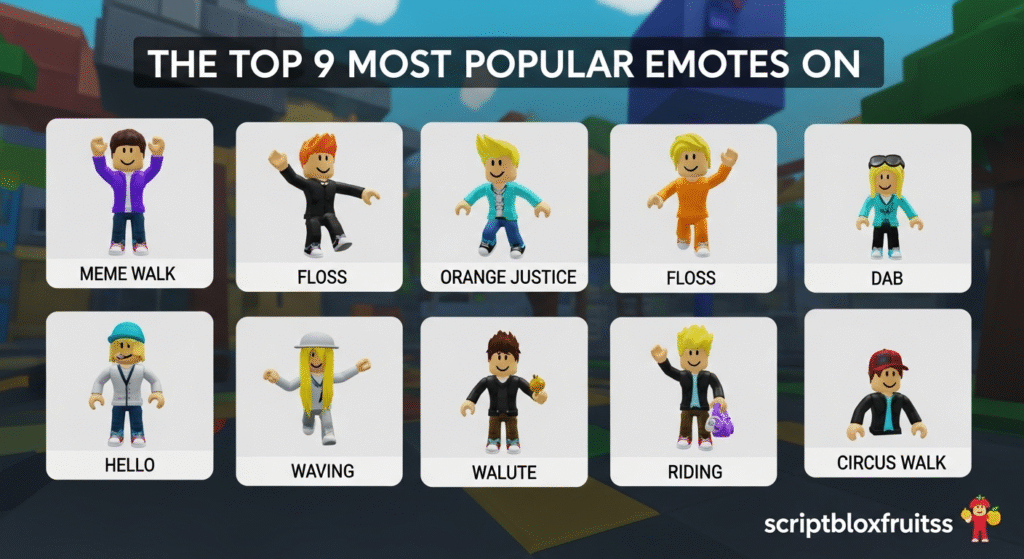 Montagem de avatares a usar emotes populares e divertidos no Roblox.