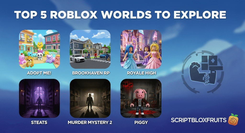 Jogador a observar um reino de fantasia vasto num jogo de exploração do Roblox.