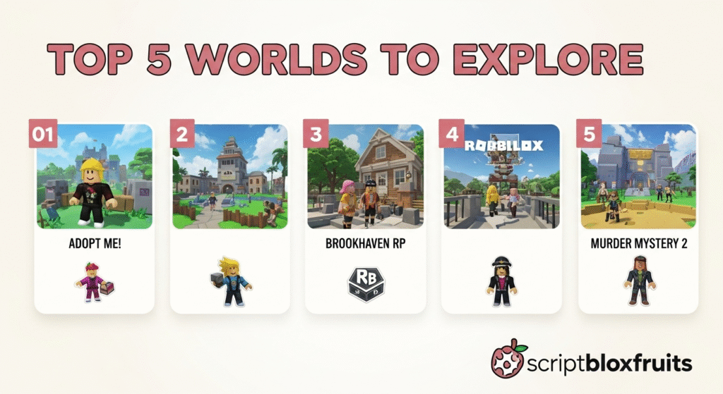 Montagem com os mundos mais bonitos para explorar no Roblox, de fantasia a cyberpunk.