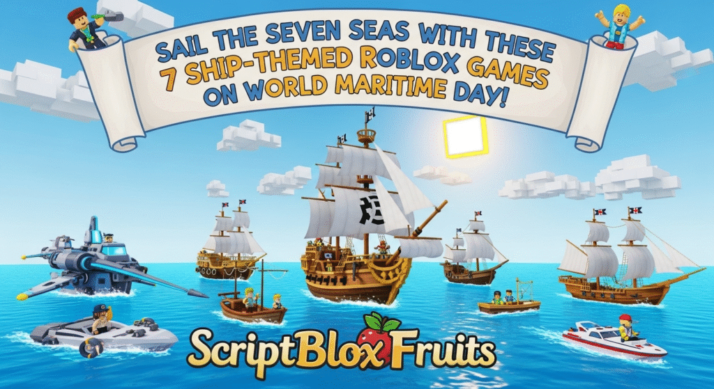 Montagem de jogos de barcos do Roblox, mostrando uma batalha de piratas e exploração.