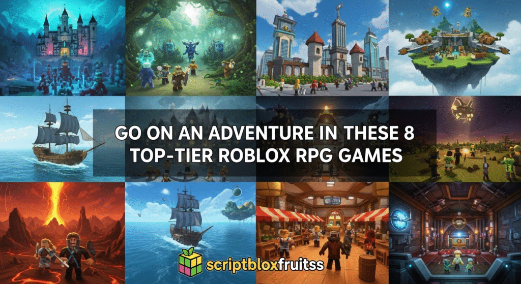 Montagem dos melhores jogos de RPG do Roblox, mostrando um guerreiro, um astronauta e um caçador.