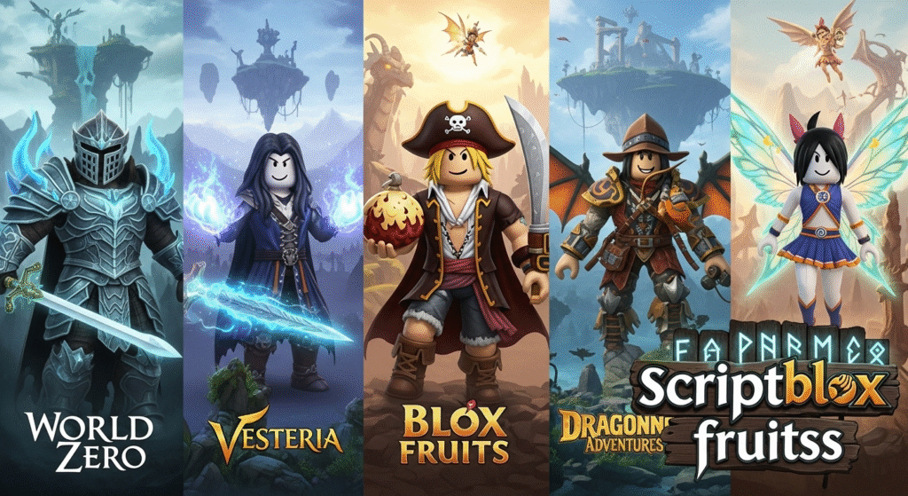 Jogador a sobrevoar um reino de fantasia num grifo num jogo de MMORPG do Roblox.